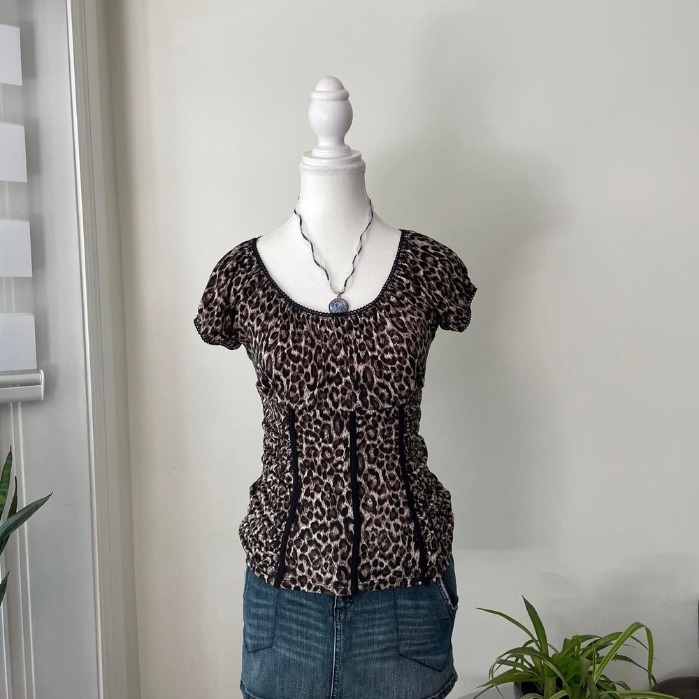 Y2k Milkmaid Blouse Womens Sz S Leopard Print Brown/ Black mobwife tuscan mom